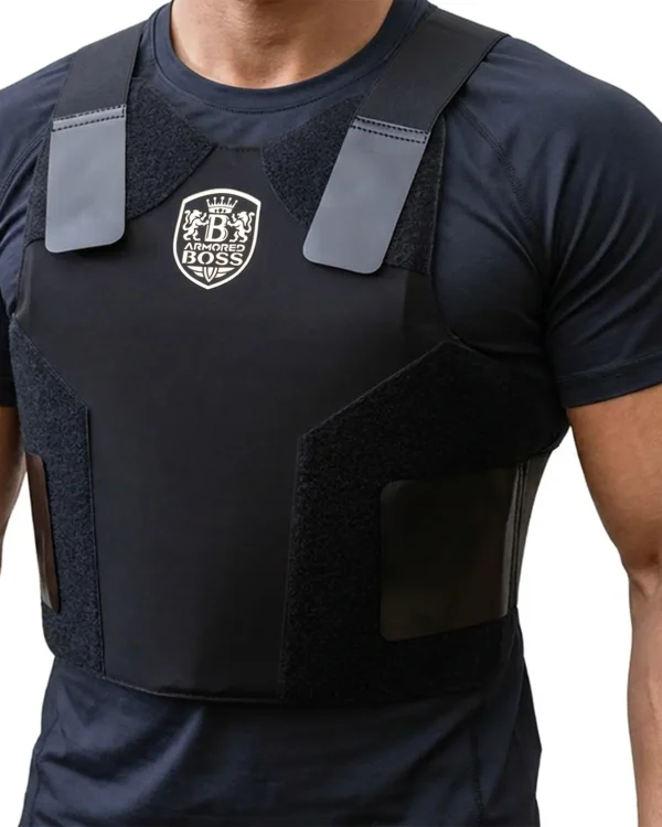 Black wraparound concealable bulletproof vest, front view